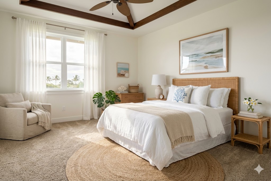 Carpet installation in Maui home by Kahului Carpet and Drapery