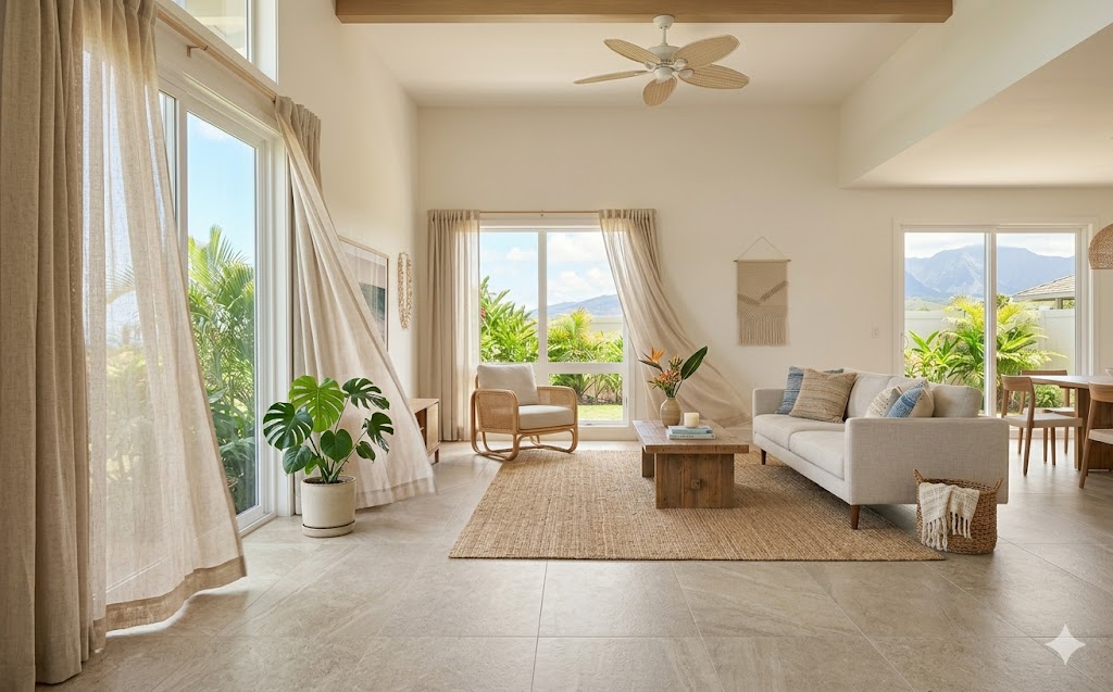Window coverings with tropical Hawaiian view — Hunter Douglas shutters and drapery